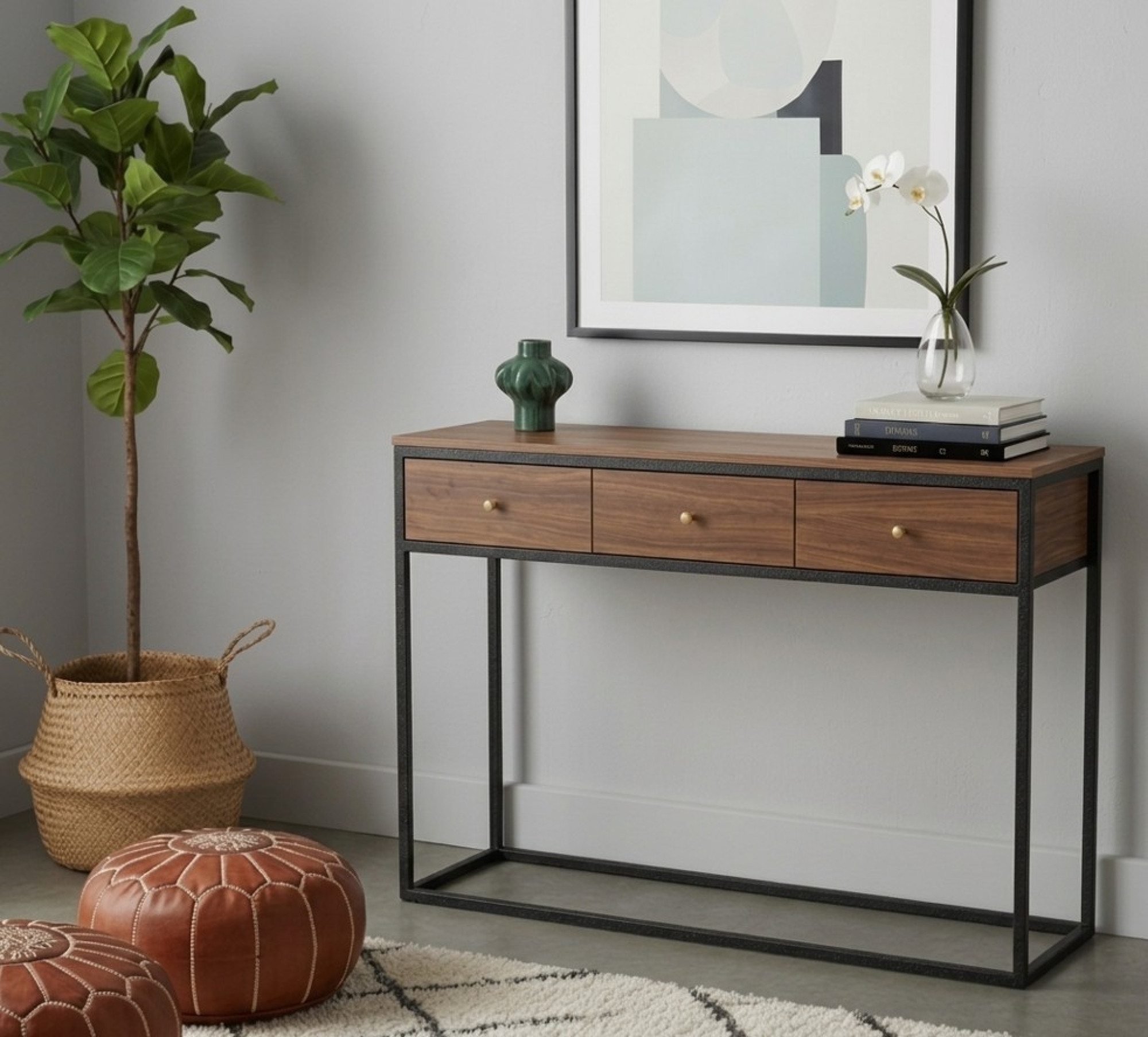 Calais Walnut and Metal 3-Drawer Console Table